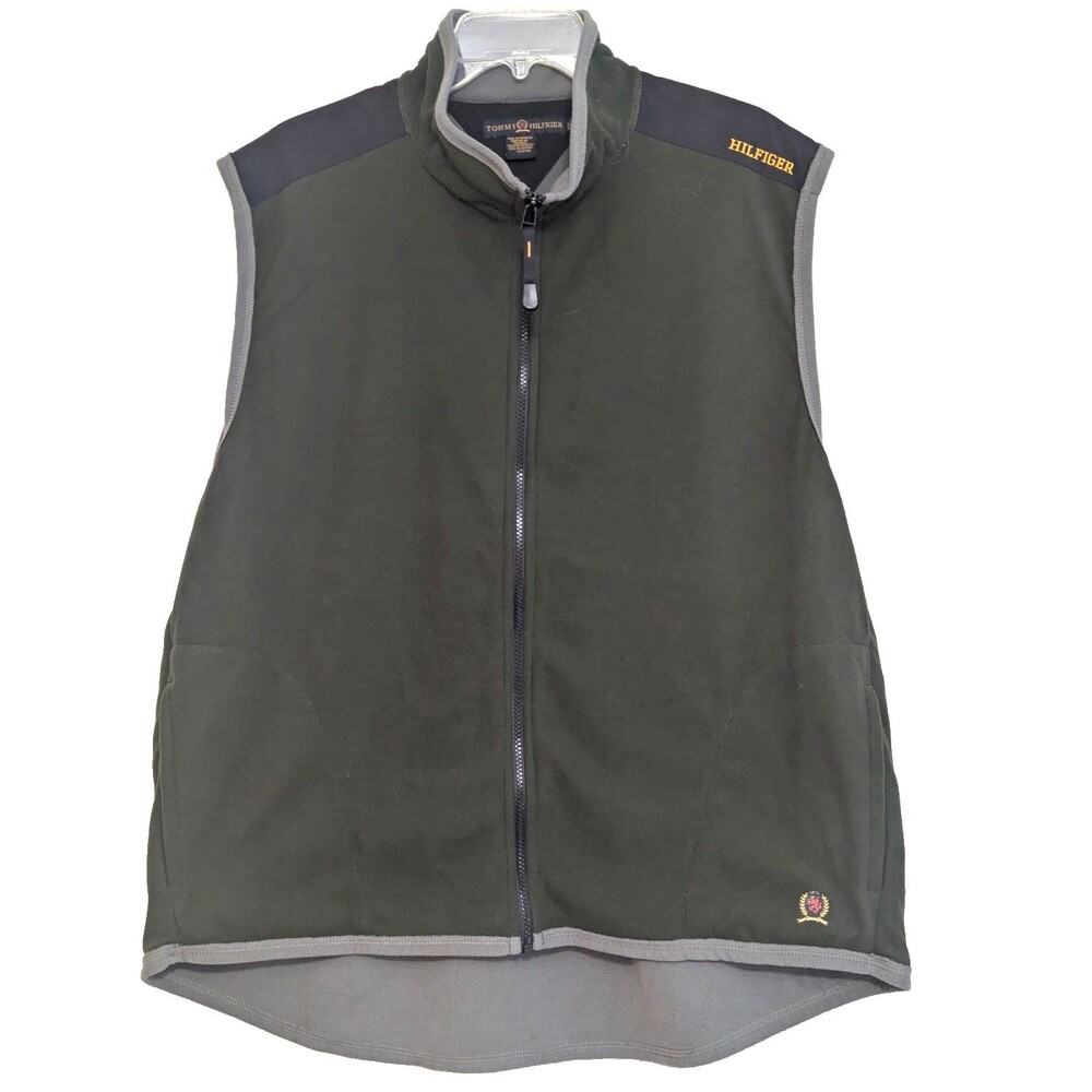 Vintage Tommy Hilfiger Men's XXL Fleece Vest Green Full Zip Crest Y2K 2000